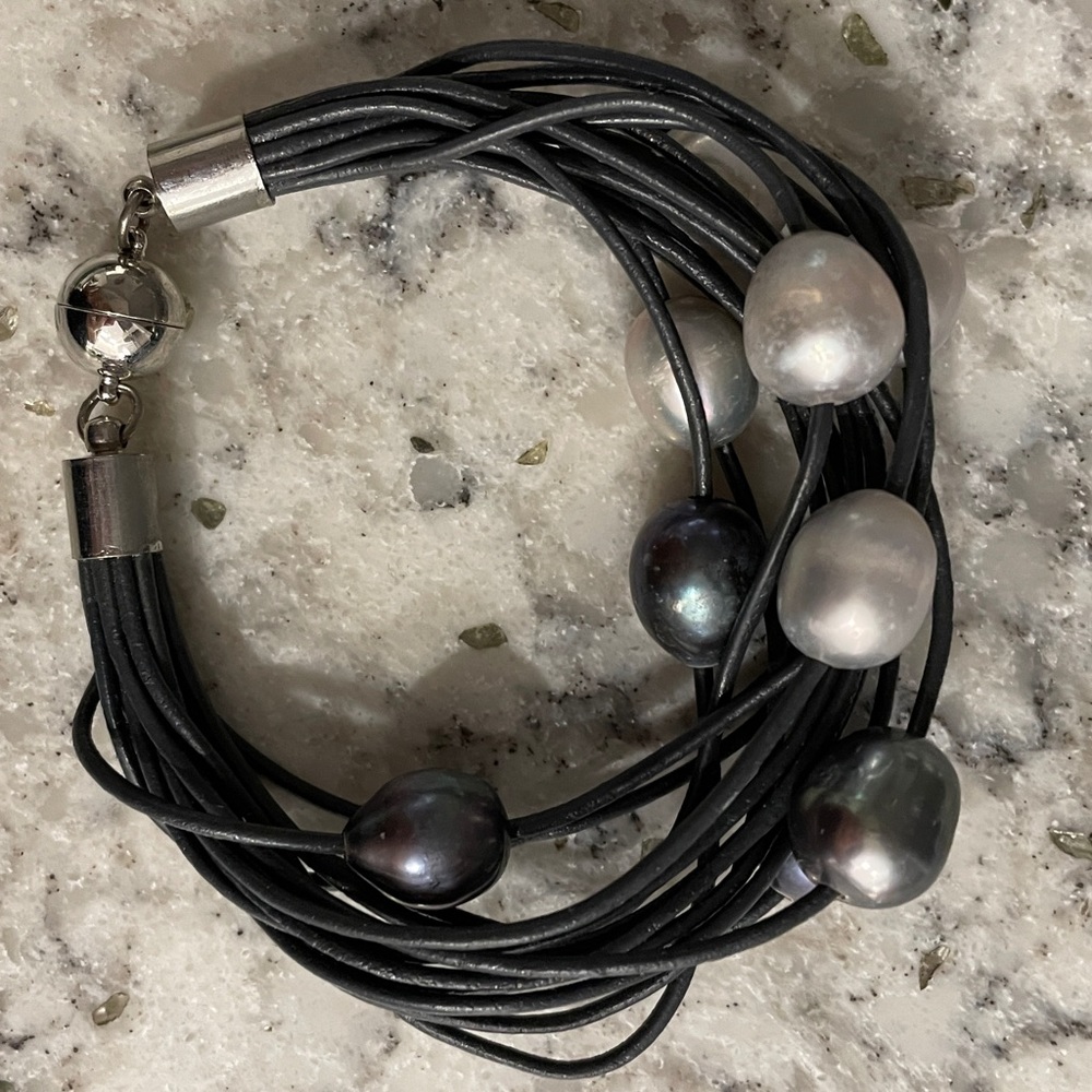 Multi Pearl and Black Leather Bracelet